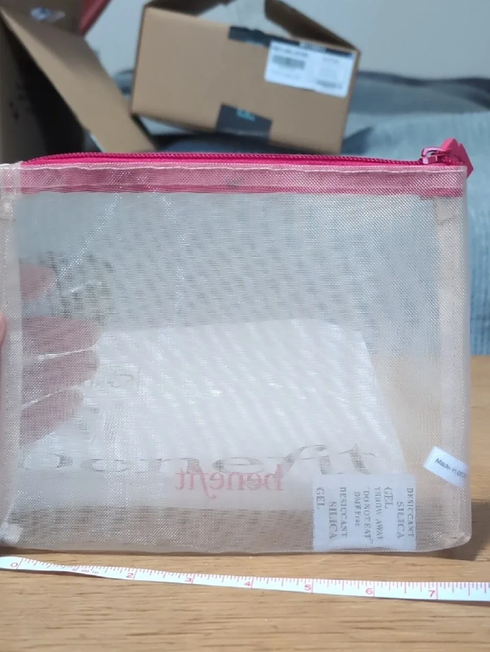 Benefit Clear Mesh Cosmetic Bag with Pink Zipper